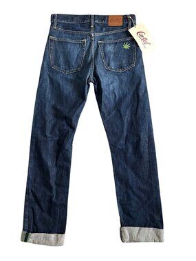 Cartel Blue Men's Sz 30x34 Straight-Leg Denim Jeans Dark Wash Cannabis Patch